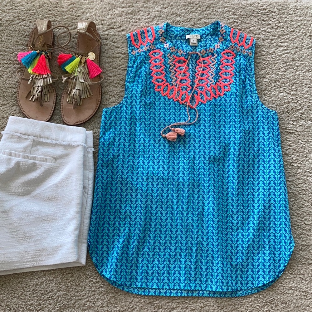 J. Crew Embroidered, Tassle Tie Tank - Picture 1 of 5